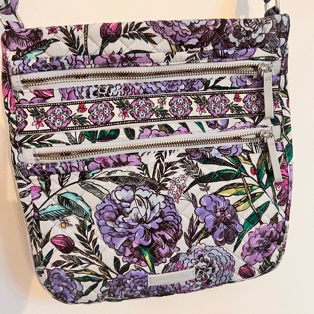 Vera Bradley Lavender Meadow Triple Zipper Crossbody Bag Adjustable Strap